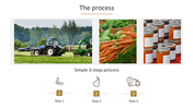 A three-step agricultural process slide showing a tractor, fresh carrots, and jars of processed goods with icons.