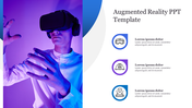 A person wearing a VR headset, hands extended in front, and three circular icons on the right representing VR concepts.