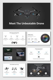 Slide deck front view and features of a black drone with propellers, on a dark background with a promotional message.