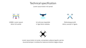 Technical specification slide featuring icons of different drone models with placeholder text describing each feature.