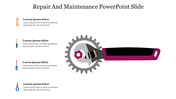 Wrench turning for repair and maintenance a pink nut on a large gear, with icons of a on the left next to placeholder text.