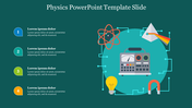 Physics-themed slide featuring icons of a voltmeter, atom, prism, light bulb, and magnet with space for four content points.