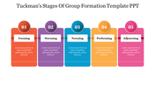 Tuckman stages displayed in five colorful boxes in red, purple, blue, orange, and pink, numbered 01 to 05.