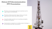 Visual of a telecommunication tower at the right and a caption area with colored arrows.