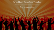 Farewell party slide with silhouettes of dancing people against a radiant orange background with text area.