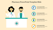 Pharmacy slide featuring cartoon pharmacists and color coded medical icons with placeholder text.