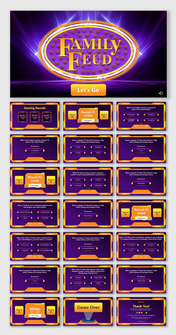 Family Feud game interface with purple and orange theme, showing placeholders for questions and scoreboards.