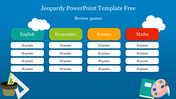 Blue themed Jeopardy slide for review games with four colored subjects and point value options.