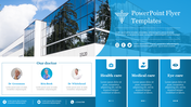 Medical flyer template with blue sections, featuring doctor profiles, healthcare services, and a building background.