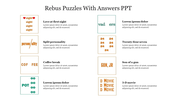 Rebus Puzzles with answers such as Love at first sight, Split personality, Coffee break, and 3-D movie.