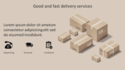 Illustration showcasing multiple cardboard boxes with a Good and fast delivery services tagline and icons.