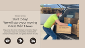 Man in yellow shirt loading boxes into a car, text on left promoting fast delivery services, on beige background.