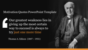 Monochrome portrait of Thomas Edison with a motivational quote in white, with yellow border, on a black background.