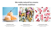 Three images showing a scoop of ice cream, ice cream cones with toppings, and raspberry popsicles.