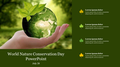 A hand holding a green earth with leaves, representing World Nature Conservation Day, with text and leaf icons on the side.