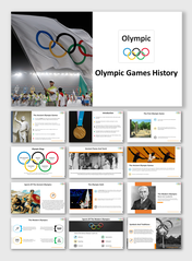 Overview of  Olympic games history presentation with images of the flag, medals, and ancient to modern games.