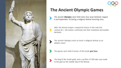 Slide featuring a statue of Zeus, with bullet points  explaining the origins, highlighted by color-coded arrows.