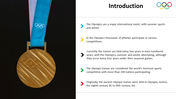 Olympic introduction slide with a gold medal image, featuring key facts and a caption area in a bullet-point format.