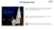 Olympic ceremony slide with a woman holding a flag on a blue background with illuminated lights and three numbered captions.