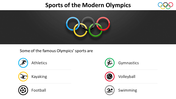 Olympic rings on a dark background at the top, with six colored icons for vrious sports on a white background.