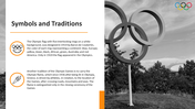 Olympic symbols and traditions slide with text on the left about the rings and flame, and an image of the Olympic rings.