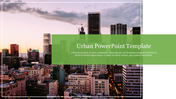 Slide featuring a cityscape with tall buildings and a green title bar with placeholder text.