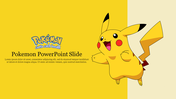 Yellow background with Pikachu jumping, featuring the Pokémon logo and placeholder text on the left.