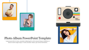 A photo album slide includes a camera icon, placeholder text, and three photo prints.