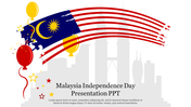 Slide features Malaysia’s flag, red and yellow balloons, and a skyline silhouette, all on white background.