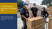 Courier services PowerPoint template with an image of workers handling packages with placeholder text.