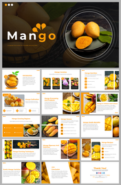 Slide pack with detailed content on mangoes featuring bold orange accents, discussing farming, ripeness, health, and recipes.