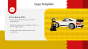 Lego-themed slide in yellow colour with a Lego figure and car illustration on the right, and placeholder text on the left.