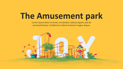 Colorful amusement park illustration with roller coasters and trees, around large white letters on a yellow backdrop.