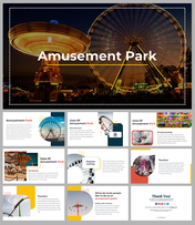 Amusement park slides featuring colorful images of rides, attractions, and activities for physical fun and tourism.