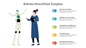 Illustration of a robot and a researcher with five color coded sections listing key robotics functions in numbered blocks.