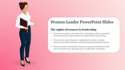 Slide featuring a confident woman leader discussing women's rights in leadership roles with key points on a pink backdrop.