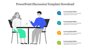 Illustration of two people talking at a table, with four colorful numbered sections providing discussion points.