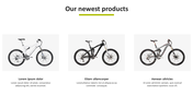 New product slide with three bicycles in a row, each with unique designs and brief description below.