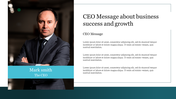 Slide design for a CEO's message, showcasing a formal portrait and a section for business-related text.