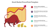 Red bull with a gold coin stack beside a chart with a rising arrow, and five numbered colorful steps on the right.