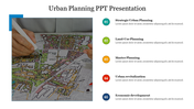 Slide showcasing an urban planning PPT with a map diagram on the left and key topics listed on the right.