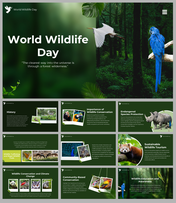 World wildlife day slide deck highlighting topics with images of various animals in their natural habitats.