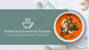 Bowl of tomato soup garnished with herbs on a light background, with text on a green overlay to the left.