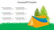 Yellow tent with blue accents in a grassy area with trees, surrounded by six text sections on the left.