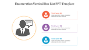 Enumeration vertical box list template with three numbered boxes with icons and placeholder text.