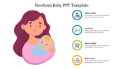 Illustration of a mother holding a baby, with four colored icons and text about baby care on the right.