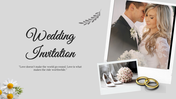 Wedding themed slides with couple, wedding attire, venues, and decor, set on a soft grey background with floral accents.