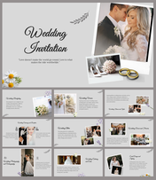 Wedding themed slides with couple, wedding attire, venues, and decor, set on a soft grey background with floral accents.