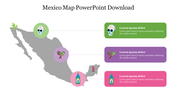 Mexico map template with icons such as a sugar skull and maracas, marked on different regions with caption areas.