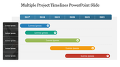 Project timeline slide with color coded bars representing different tasks across multiple years from 2017 to 2021.